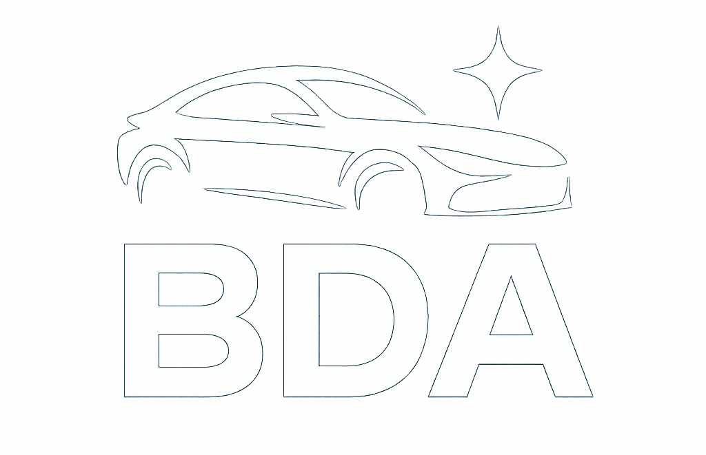Outlined logo of car with sparkles and text BDA