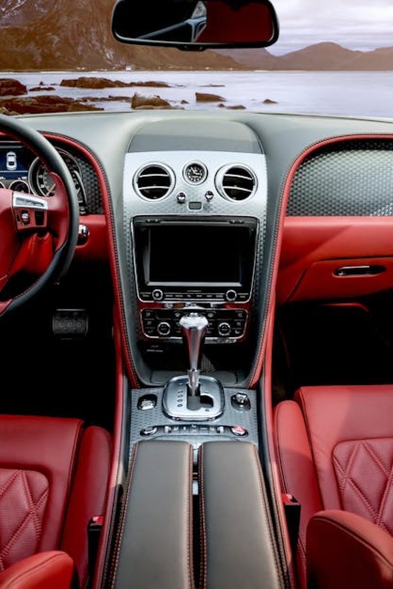 Red leather luxury sports car interior with mountain backdrop outside the window.